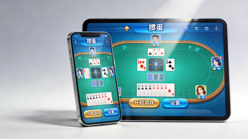 掼蛋游戏在手机和平板电脑上运行的展示画面